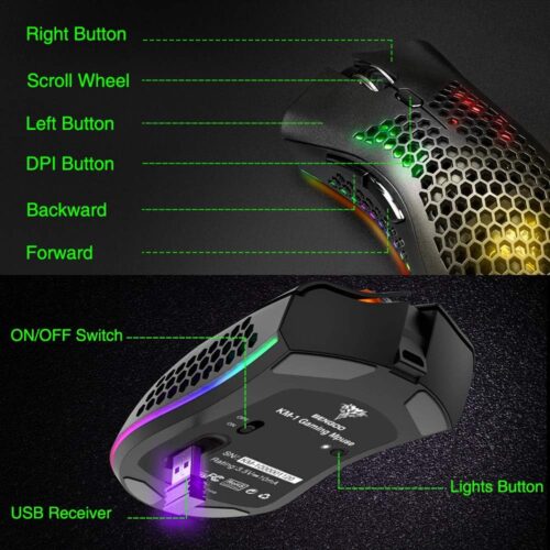 BENGOO KM-1 Wireless Gaming Mouse – RGB, 3200 DPI, Honeycomb Shell - Image 5