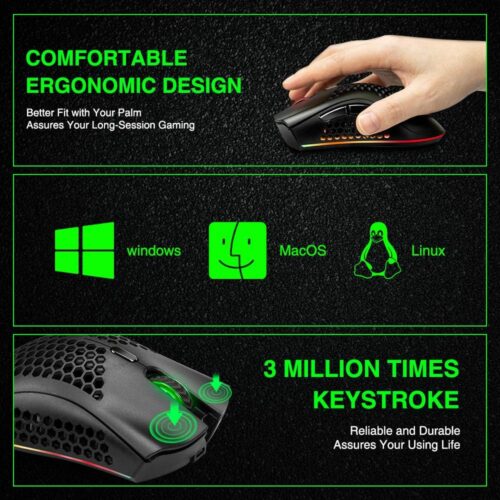 BENGOO KM-1 Wireless Gaming Mouse – RGB, 3200 DPI, Honeycomb Shell - Image 8